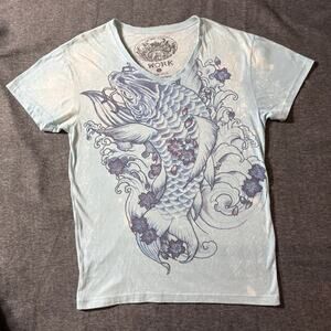 WORK Carp Koi Fish T-Shirt Men Blue White Japan Japanese Tattoo Yakuza V-Neck L